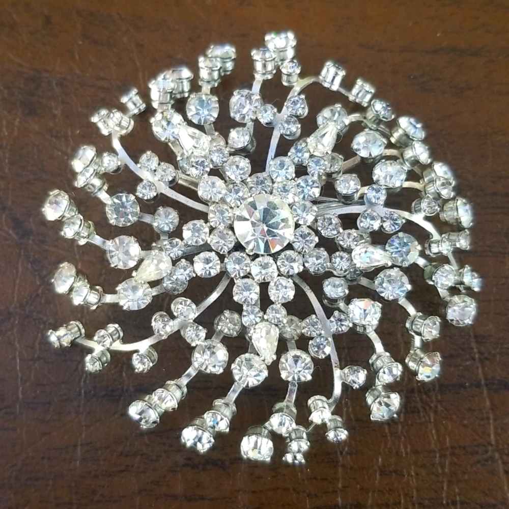 Vintage Silver Tone Starburst Rhinestone Domed Brooch
